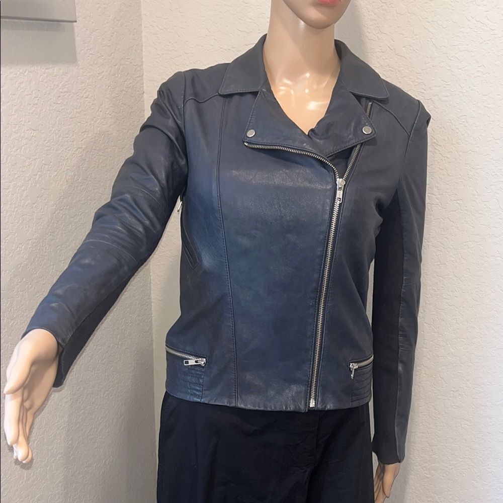 Trouve dark grey & black 100% Leather Jacket Asymmetrical Zipper Notched Collar